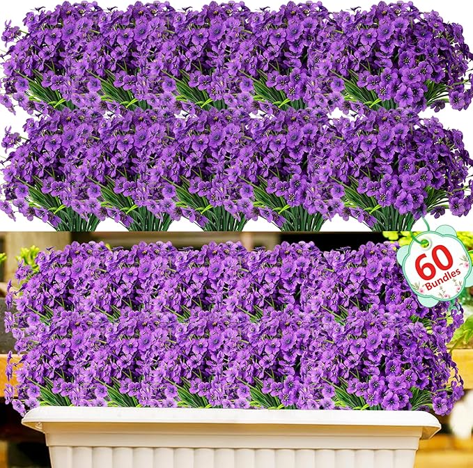 60 Pack Artificial Flowers for Outdoor Indoor Fake Plants, Faux Silk Flowers for Outdoors Outside Front Porch Hanging Planter Window Box Garden Spring Decoration(Purple) Powbrace