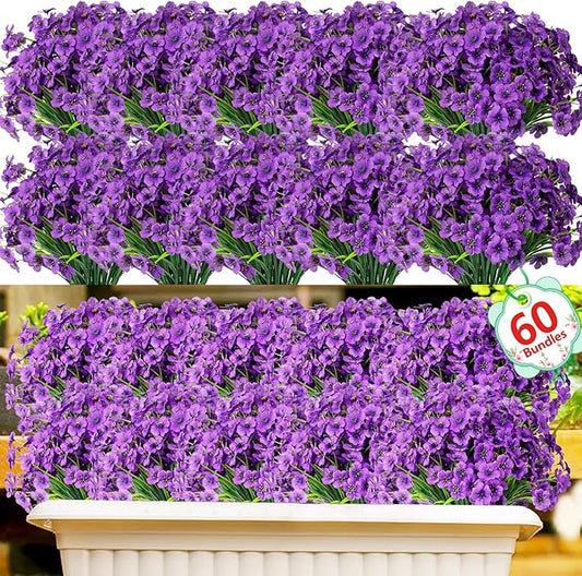 60 Pack Artificial Flowers for Outdoor Indoor Fake Plants, Faux Silk Flowers for Outdoors Outside Front Porch Hanging Planter Window Box Garden Spring Decoration(Purple) Powbrace