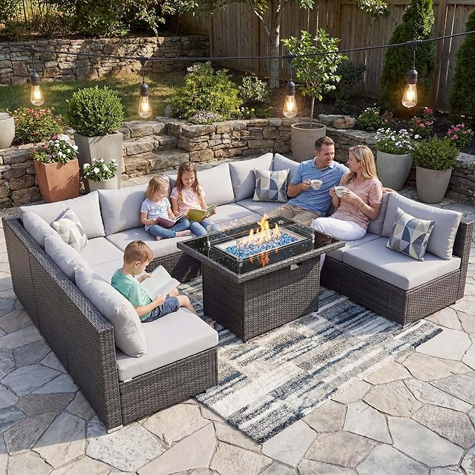 NICESOUL 29.3'' High Back Outdoor Patio Furniture Set with Firepit Natural Gas & Propane, 9 Piece Extra Large Conversation Set with Fire Pit Table, Modern Deep Wide Modular Wicker Sofa Couches, Gray NICESOUL