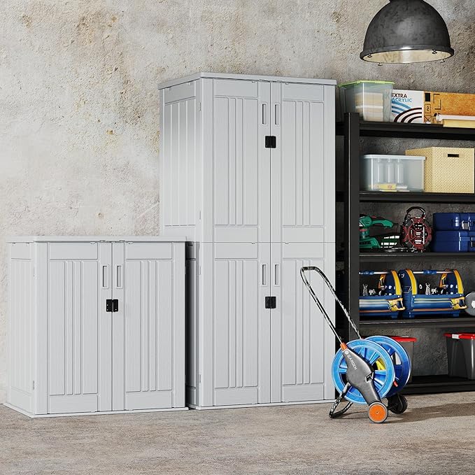 EHHLY Heavy Duty Small Storage Cabinet Outdoor Weatherproof, 14 Cuft Garage Storage Cabinet with 2 Adjustable Shelves, Lockable Kitchen Pantry Closer Organizer, 31Wx23Lx34H, Polar White EHHLY