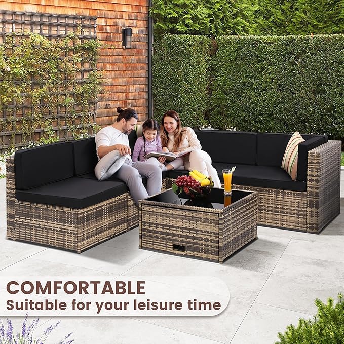 8-Piece Patio Furniture Set, Outdoor Wicker Rattan Sectional with Thick Cushions, Glass Top Table with Hidden Storage, Outdoor Conversation Set for Backyard, Porch, Patio, Black KROFEM