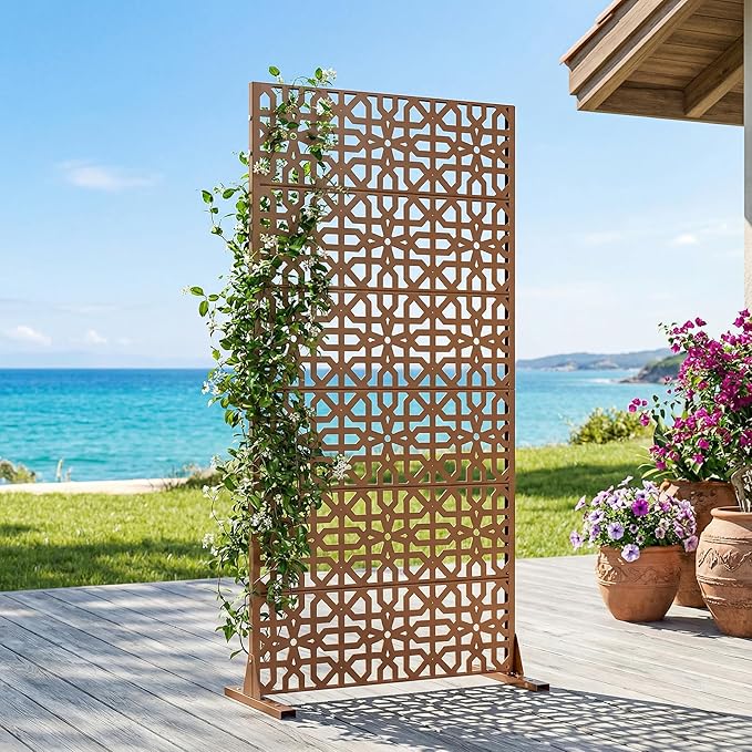 Casaphoria Metal Privacy Screen Outdoor, 72" H x 35" W Freestanding Decorative Privacy Screen for Patio Deck Balcony Garden with Stable Base, Brown-Perilla Casaphoria