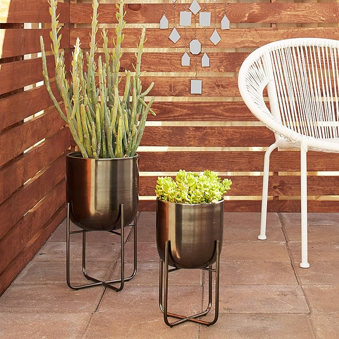 Deco 79 Metal Round Planter with Removable Stand, Set of 2 16", 13"H, Black Deco79