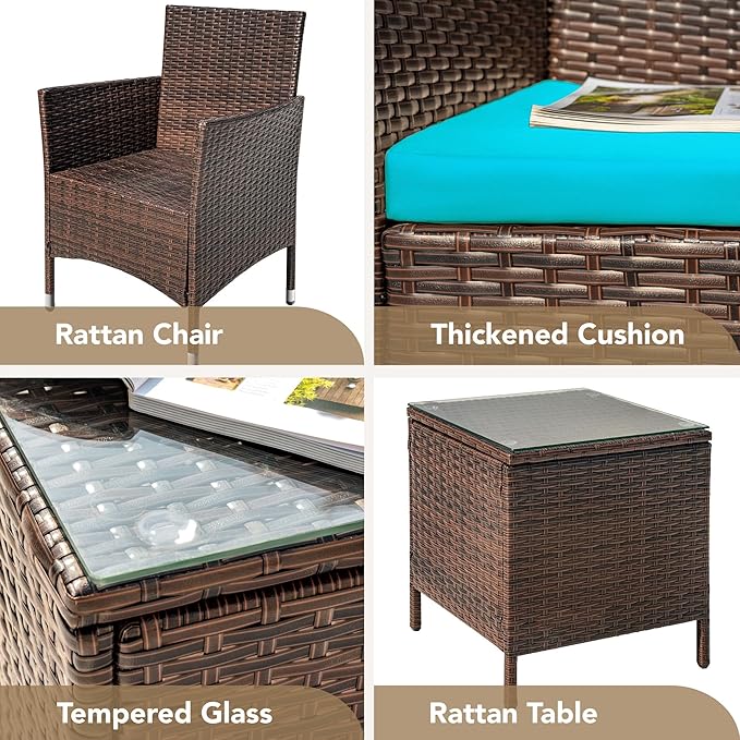 Devoko Patio Porch Furniture Sets 3 Pieces PE Rattan Wicker Chairs with Table Outdoor Garden Furniture Sets (Brown/Blue) DEVOKO
