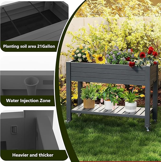 Elevated Raised Garden Bed with Legs, 33.66" Tall Self-Watering Resin Outdoor Planter Box with Storage Shelf, Drain Plug Water & Monitor for Plants Vegetables Flowers Fruits (Black) GYMHILL