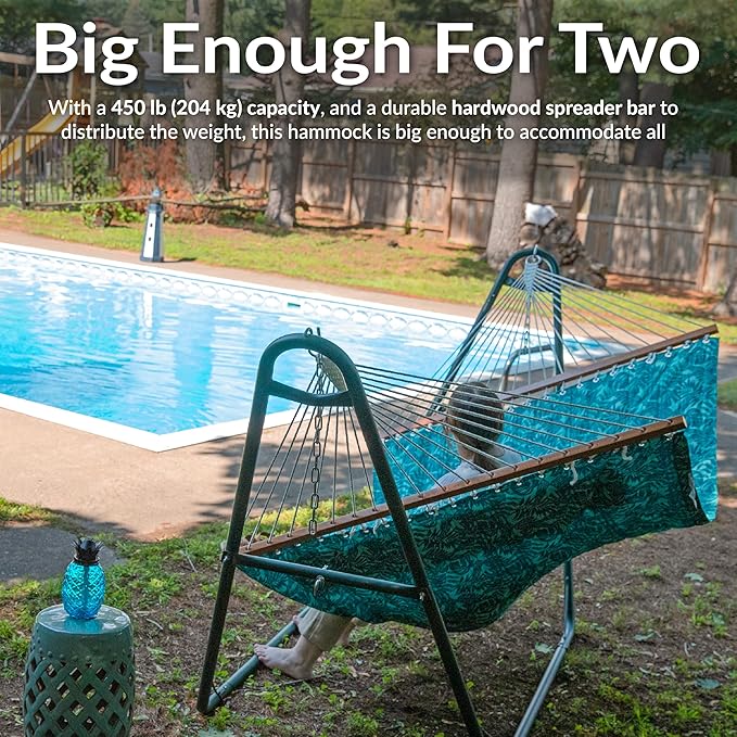 Sunnydaze Quilted Outdoor Hammock with Spreader Bars - Heavy-Duty 450-Pound Capacity Double Hammock for Outside - Cool Blue Tropics SunnydazeDecor