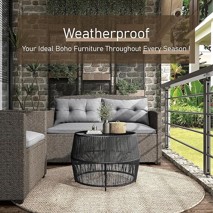 Furniture of America Ysar Boho Rattan Round Coffee Table Outdoor with Metal Frame, All-Weather and Rust Resistant, Handcrafted Coastal Furniture for Patio, Poolside, Garden, Yard, Black FurnitureofAmerica