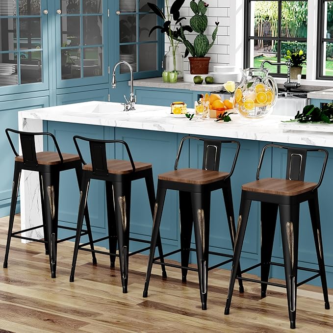 WENTMENT Bar Stools Set of 4 Counter Height Bar Stools Metal Barstools with Removable Back 30" Kitchen Bar Stools with Wooden Seat, Distressed Black WENTMENT