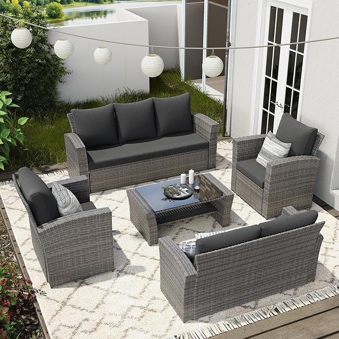 Wisteria Lane 5 Piece Patio Furniture Set, Wicker Outdoor Patio Conversation Furniture Set, All Weather Outdoor Patio Sofa with Cushion and Glass Table, Dark Grey WisteriaLane