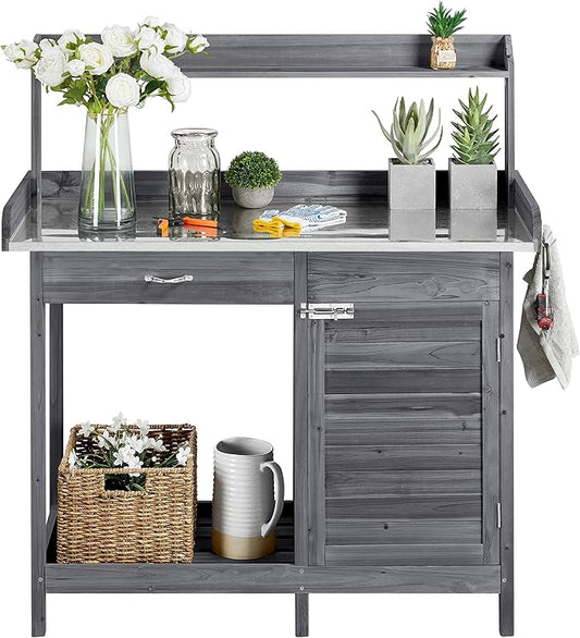 Yaheetech Outdoor Potting Bench Table, Garden Workstation w/Metal Tabletop/Cabinet Drawer/Open Top/Lower Shelf/Handy Hooks for Horticulture,Gray Yaheetech