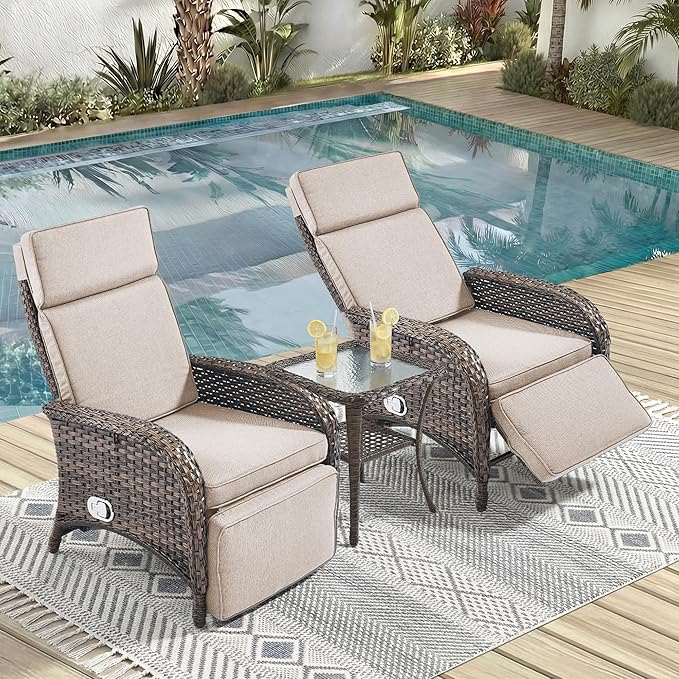 3 Pieces Zero Gravity Wicker Patio Recliner Chairs Set of 2 - Wicker Outdoor Lounge Chair with Side Table, Adjustable Backrest & Footrest, High Back Outdoor Recliner Chair for Pool Deck Beige JelwalyPatioFurnitureSet