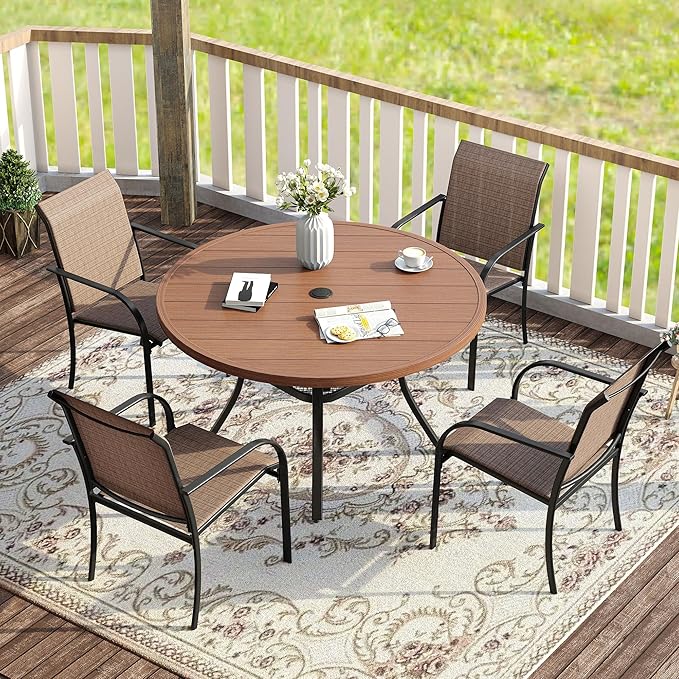 VICLLAX 5 Pieces Patio Dining Set for 4, Outdoor Furniture Set Includes 40.7" Round Patio Table and 4 Patio Stackable Chairs, Walnut Tabletop and Brown Fabric HOME