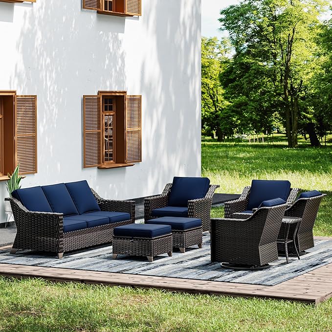 Joyside Wicker Patio Furniture Sets, 8 Pieces Upgraded Large Size Outdoor Furniture with Swivel Rocking Patio Chairs, Patio Dining Chair, 3-Seat Sofa, Outdoor Ottoman, Thick Cushions, Wide Armrest Joyside