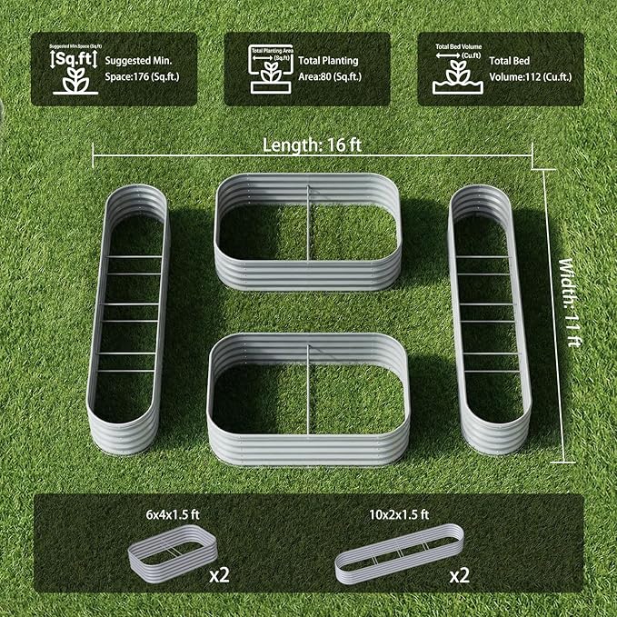 4-Pack 18” Tall Galvanized Raised Garden Beds – Small Space Garden Layout, Fits 170 Sq Ft Yard or Patio, 10x2x1.5 & 6x4x1.5 ft Metal Planter Box for Compact Outdoor Gardening - Sand Beige Annoell