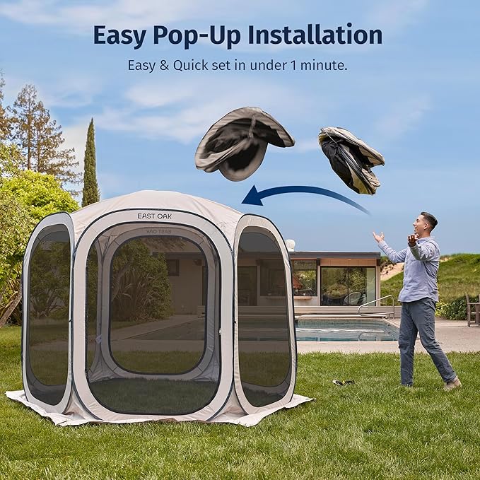 East Oak Screen House Tent Pop-Up, Portable Screen Room Canopy Instant Screen Tent 10 x 10 FT with Carry Bag for Patio, Backyard, Deck & Outdoor Activities, Beige EASTOAK