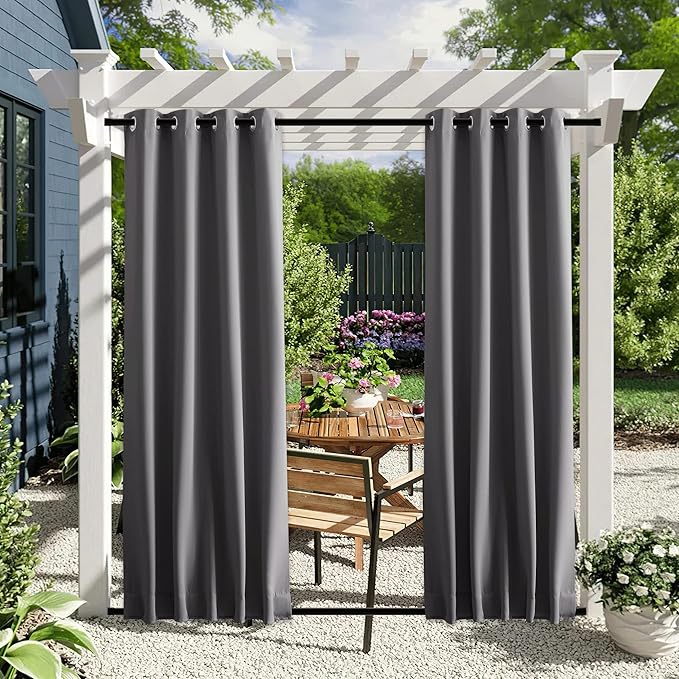 NICETOWN 2 Panels Weighted Outdoor Curtains for Patio Waterproof & Windproof, Grommet & Back Tab on Top & Bottom Privacy Light & Sound Block for Pergola with Bonus Rope for Fixed, Grey, W46 x L72 NICETOWN