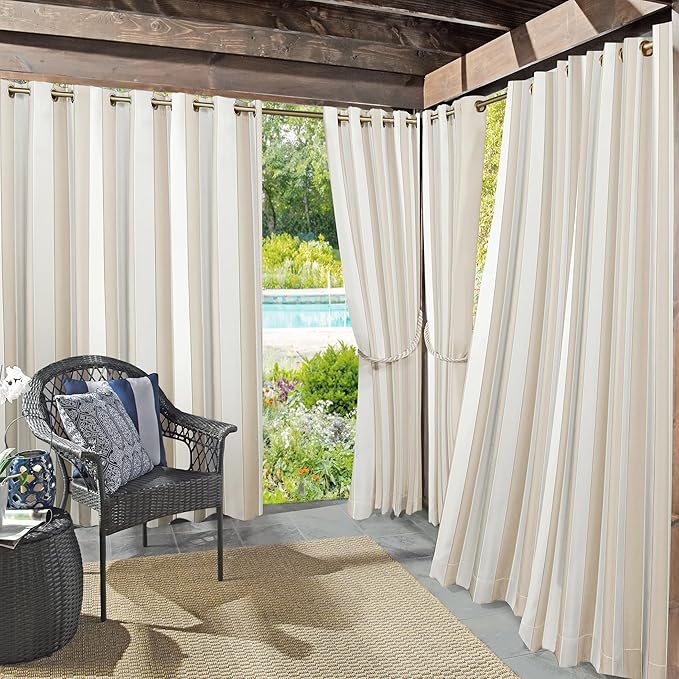 Sun Zero Valencia Cabana Stripe Indoor/Outdoor UV Protectant Energy Efficient Grommet Curtain Panel Pair, 54" x 84", Khaki, 2 piece set SunZero%E2%84%A2