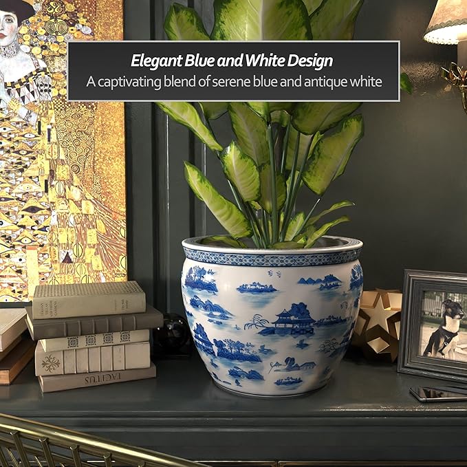 Red Lantern 16" Landscape Blue & White Porcelain Fishbowl Planter or Cachepot for Indoor/Outdoor Use in Garden Entryway Living Room Boho Eclectic Modern Contemporary Classic Traditional Style Decor RedLantern