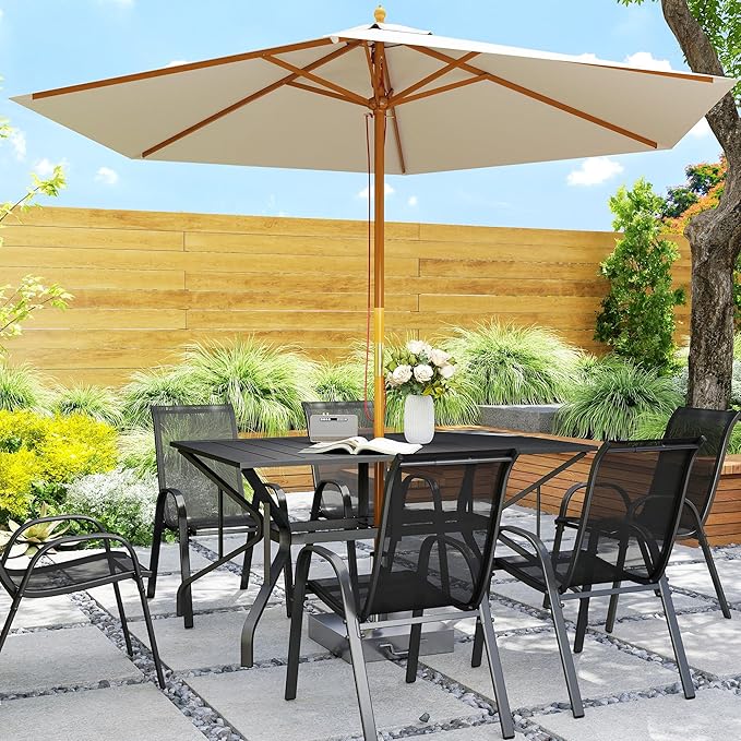 Outsunny Rectangle Outdoor Dining Table for 6 People, Steel Rectangular Patio Table with Umbrella Hole, Steel Frame for Garden, Balcony, Black Outsunny