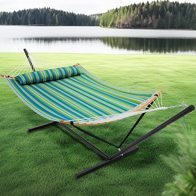 SUPERJARE Curved-Bar Hammock with Stand, 2 Person Heavy Duty Hammock Frame, Detachable Pillow & Portable Carrying Bag, Perfect for Outdoor & Indoor, Thin Blue and Green Stripes SUPERJARE