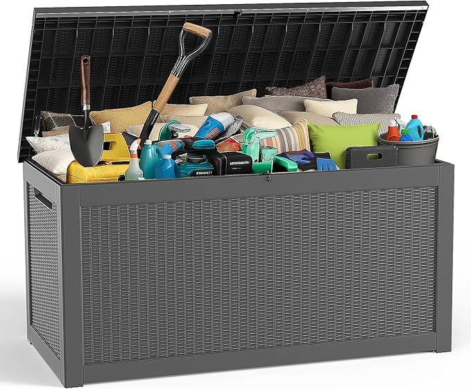 ROJIK Outdoor Storage Housing Deck Box - Waterproof Patio Furniture, Garden Tools, Cushions, Pool Accessories Storage Bench with Lockable Lid and Side Handles (Black, 315 Gal) ROJIK