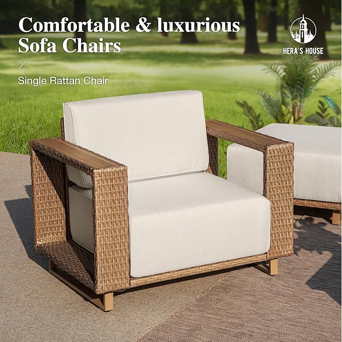 HERA'S HOUSE 4 Pieces Patio Furniture Set, 2 Outdoor Rattan Wicker Armchairs Set with 2 Ottomans, All Weather Patio Conversation Set with 5.3" Widened Armrest, 10" Ultra Thick Comfy Sponge Cushion HERASHOUSE