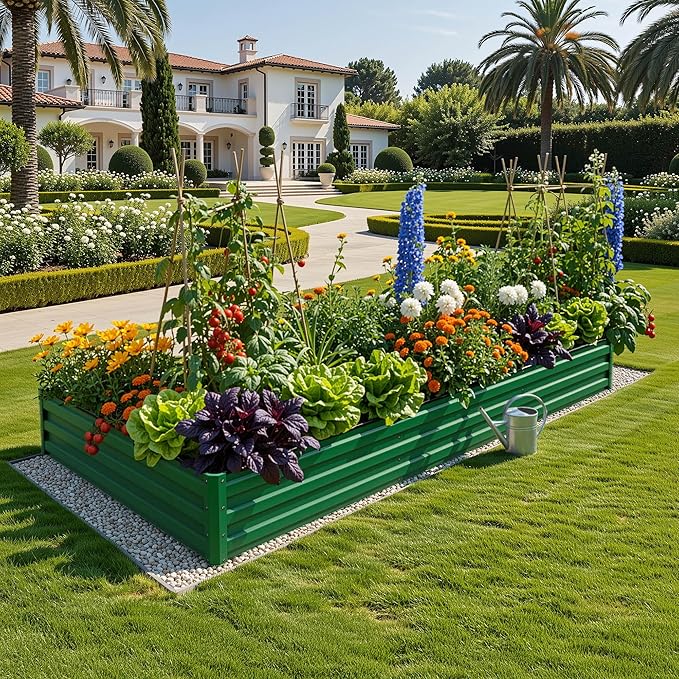 YITAHOME 8x4x1ft 2pcs Large Raised Garden Bed Kit, Galvanized Metal Planter Box with Gloves, Ground Nails & Safety Rubber, Outdoor Above Ground Planters for Plants Vegetables Flowers, Green YITAHOME
