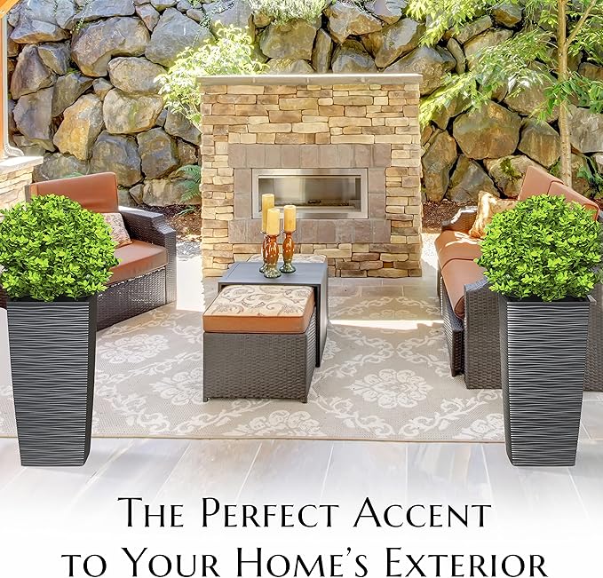 Mueller Janska M-Resin Heavy Duty Tall Planter, Indoor/Outdoor Grande Plant, Tree, Flower Pot, 2-Piece Set, 24”, Modern Design, Built-in Drainage, Dark Gray Mueller