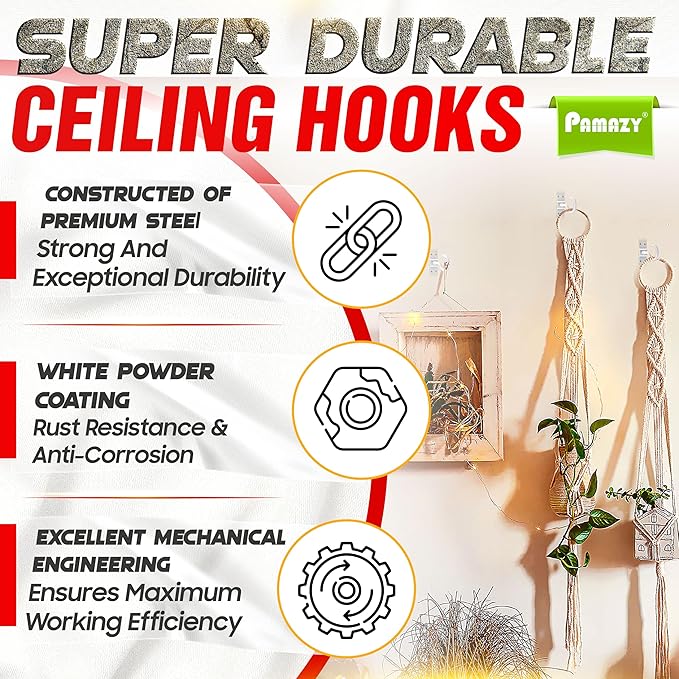 [UPGRADED] 2Pcs 200LBS Rotatable Ceiling Hooks with 4 Screw Points Base, Wall Mount Metal Hanger White Ceiling Hook for Hanging Plant, Bird Feeder, Lights, Bed Canopy, Wind Chime, Indoor Outdoor Decor Pamazy