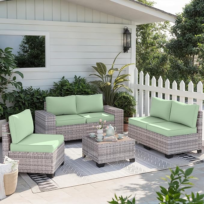 12-Piece Outdoor Patio Furniture Set Wicker Sectional Sofa Set, Patio Conversation Set with Thickened Cushions & Coffee Table for Garden, Backyard, Poolside, Light Green MuphyersPatioFurniture