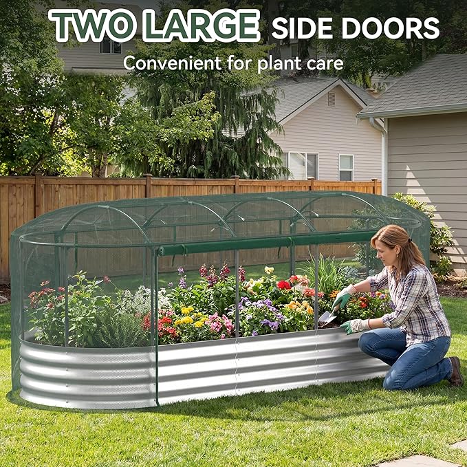 Raised Garden Bed with Self-Watering System, 8x3x1 ft Elevated Planter Boxes Outdoor with Mesh Cover, Oval Galvanized Raised Beds for Gardening,Vegetables,Flowers, Backyard, Patio Lineware