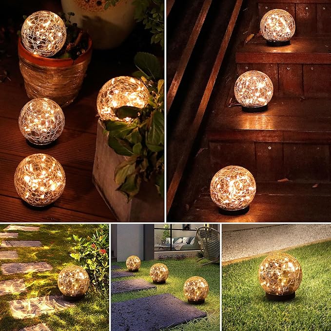 Solar Globe Lights Outdoor Waterproof-Solar Balls-Solar Garden Lights-Orbs for Outside 4 Pack Cracked Glass Ball for Lawn Patio Yard Backyard Decorations MLKNK