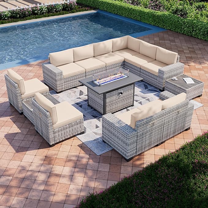 13-Piece Outdoor Patio Furniture Set with 55,000 BTU Fire Pit Table, PE Wicker Rattan Sectional Sofa Patio Conversation Set with Thickened Cushions & Coffee Table, Beige MuphyersPatioFurniture