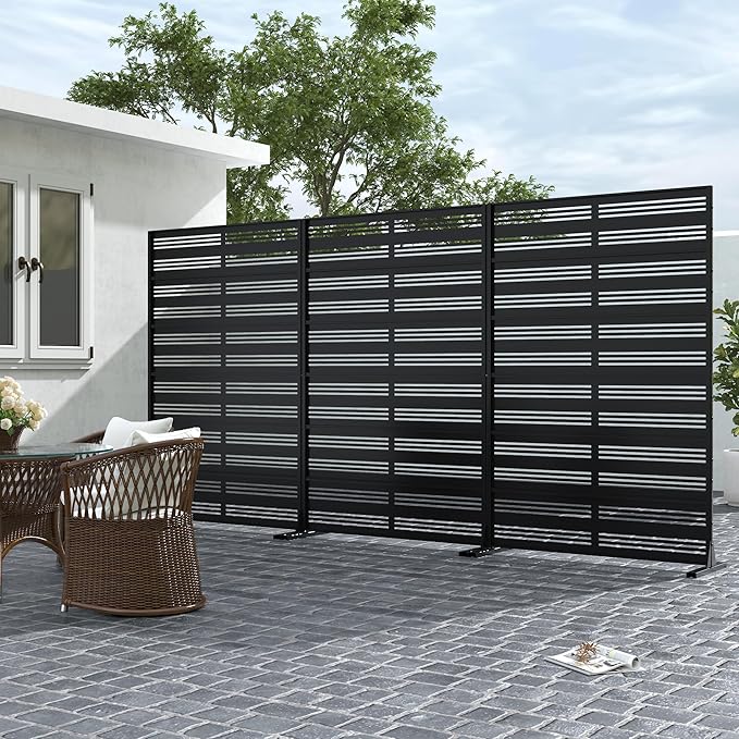 Casaphoria Metal Privacy Screen Outdoor, 72" H x 47" W Freestanding Decorative Privacy Screen for Patio Deck Balcony Garden with Stable Base, Black-Harold Casaphoria