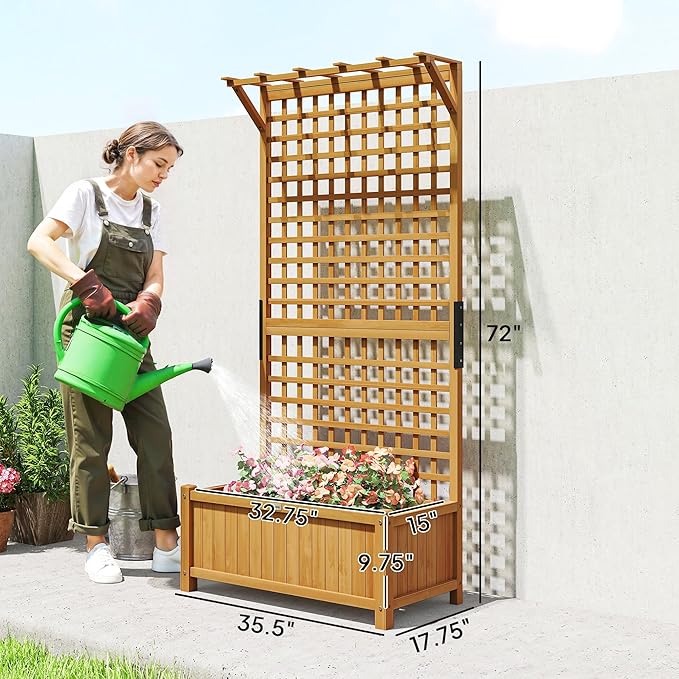Outsunny Wood Planter with Trellis, Raised Garden Bed for Climbing Plants w/Drainage Holes and Roof, 35.5" x 17.75" x 72", Yellow Outsunny