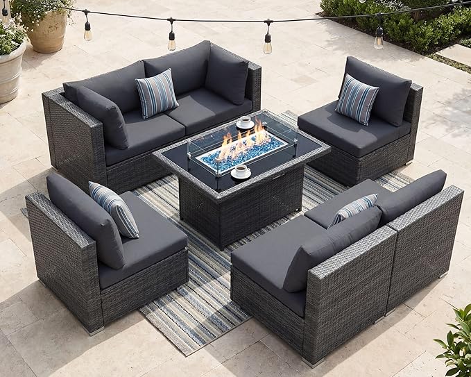 NICESOUL 29.3'' High Back Outdoor Patio Sectional Furniture Sofa Set with Fire Pit Table Natural Gas/Propane, 7 Piece Luxury Extra-Large Wicker Conversation, Deep Wide Couches for Backyard, Dark Gray NICESOUL