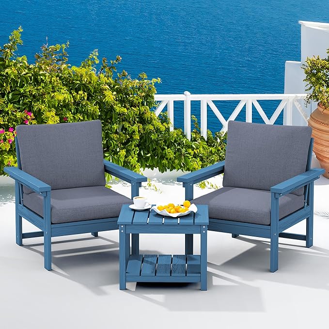 SERWALL HDPE Patio Sofa Set, 3-piece Sectional Outdoor Furniture Set, All Weather Outdoor Couch Set Patio Furniture Set for Deck, Lawn, Blue Frame with Grey Cushion SERWALL