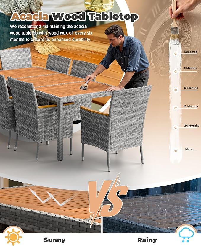 Flamaker 9 Piece Patio Dining Set Outdoor Acacia Wood Table and Chairs with Soft Cushions Wicker Patio Furniture for Deck, Backyard, Garden (Grey) Flamaker