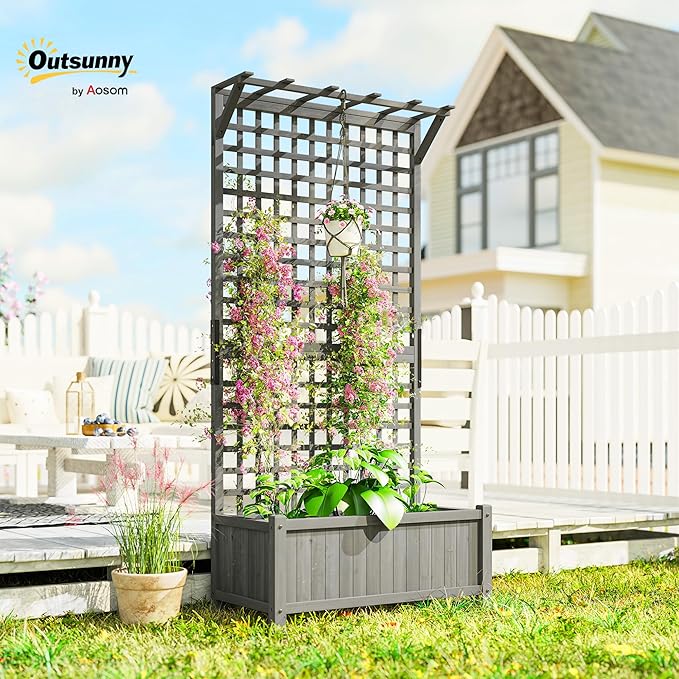 Outsunny Wood Planter with Trellis, Raised Garden Bed for Climbing Plants w/Drainage Holes and Roof, 35.5" x 17.75" x 72", Dark Gray Outsunny