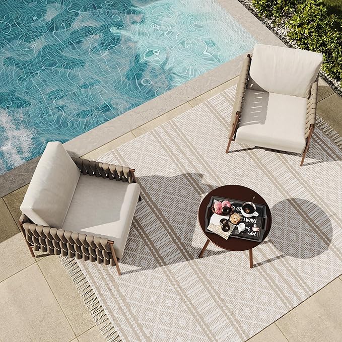 East Oak 3-Piece Patio Furniture Set | Armchairs & Coffee Table | Outdoor Furniture with Cushions | Deep Seating Modern Conversation Set | Garden, Porch, Balcony & Backyard | Chestnut & Apricot EASTOAK