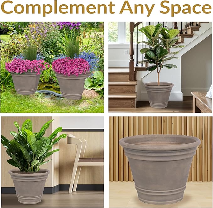 Sunnydaze 20-Inch Franklin Large Plant Pot - Polyresin Round Outdoor Planter with Drillable Drainage Hole - 4 Pack - Beige SunnydazeDecor