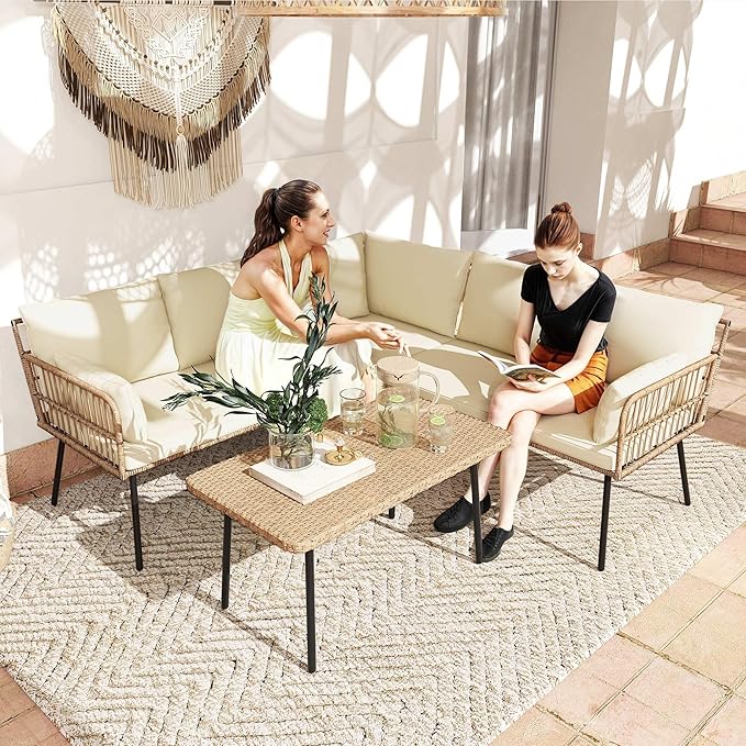 DWVO Patio Furniture Set, 4 Pieces Outdoor Patio Conversation Set, All-Weather PE Rattan Sectional L-Shaped Sofa with Soft Cushion and Side Table for Backyard, Porch, Boho Detachable Lounger (Beige) DWVO
