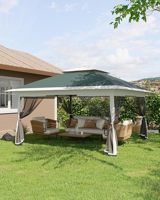 Canopy Tent 13x13 ft, Pop Up Gazebo One-Push Setup with 4 SandBags for Backyard Parties and BBQs, Mosquito Netting & Height Adjustable - Green GarveeLife