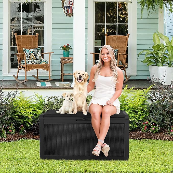 Devoko 100 Gallon Waterproof Large Resin Deck Box Outdoor Storage Box Indoor Lockable Storage Container with Cushion for Patio Furniture Garden Pool Cushions (Black) DEVOKO