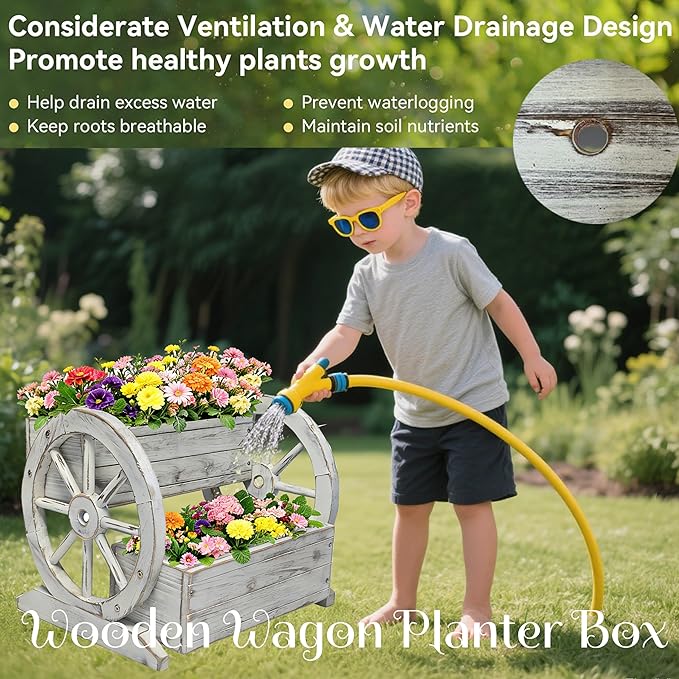 NestNature Wooden Wagon Planter Box,Raised Garden Bed,Decorative Garden Planters with Wheels-Outside Flower Pots for Indoor/Outdoor Décor Plants (Antique White) NestNature