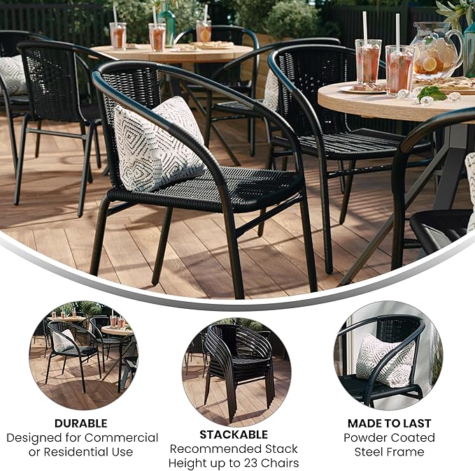 EMMA + OLIVER Set of 2 Modern Rattan Indoor/Outdoor Stack Chairs, Stacking Rattan Patio Chairs with Curved Back and Cross Bracing, Black EMMAOLIVER