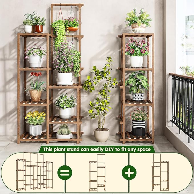 EnHomee Plant Stand Indoor Wood Plant Stand Outdoor Tiered Plant Shelf for Multiple 16-21 Potted Plants for Living Room Patio Balcony Yard Garden 44.9" W x 11.8" D x 62.2" H EnHomee
