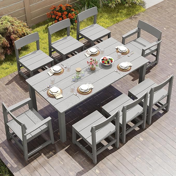 9 Piece Patio Dining Sets for 8 HIPS Outdoor Dining Table Set with Umbrella Hole Table and 8 Chairs Furniture for Backyard Poolside Garden, Grey JOCOEVOL