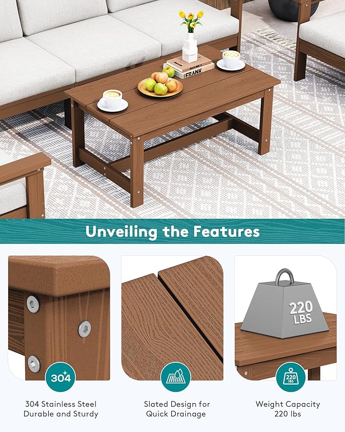 SERWALL HDPE Patio Coffee Table, Rectangle Outdoor Coffee Table, All-Weather Coffee Side Table for Balcony, Poolside, Deck, Garden, Brown SERWALL