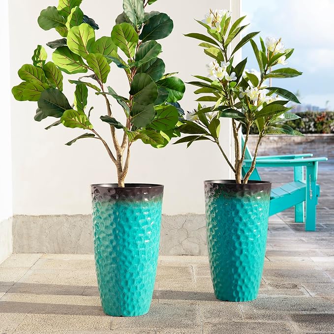 Glitzhome 23.75" H Large Planters for Outdoor Plants,Set of 2 Plastic Tall Outdoor Planters with Drainage Holes,Honeycomb Textured Gradient Turquoise Finish, Large Flower Pots for Front Porch Indoor Glitzhome